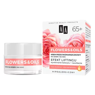 AA FLOWERS & OIL EFEKT LIFTINGU KREM PRZECIWZMARSZCZKOWY DO TWARZY NA DZIEŃ I NA NOC 65+ 50ML