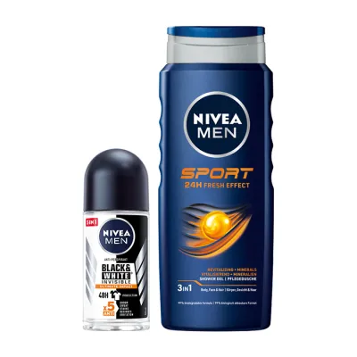 NIVEA MEN ZESTAW ŻEL POD PRYSZNIC SPORT + ANTYPERSPIRANT BLACK & WHITE INVISIBLE ULTIMATE PROTECT