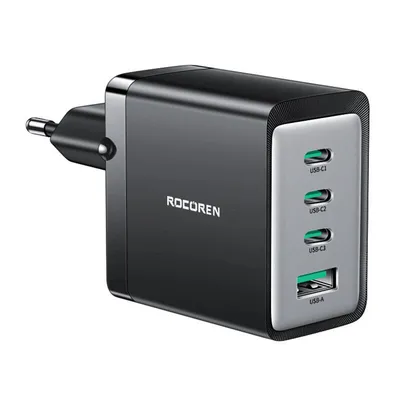 Ładowarka sieciowa Rocoren 3x USB-C, 1x USB, GaN, 67W (czarna)