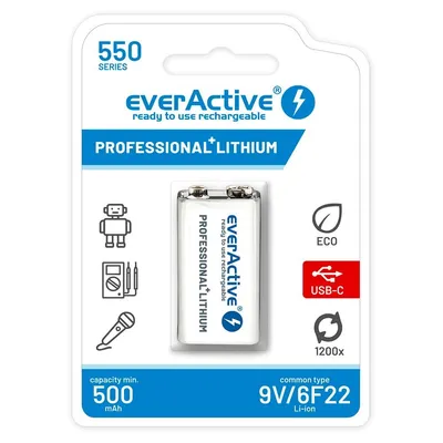 EVERACTIVE AKUMULATOREK 6F22/9V LI-ION 550 MAH Z USB TYP C EVHR22-550C