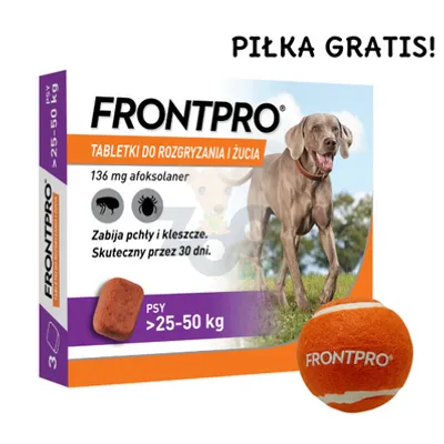 Frontpro tabletki na pchły i kleszcze XL 136mg 25-50kg x 3tabl + Piłka GRATIS!