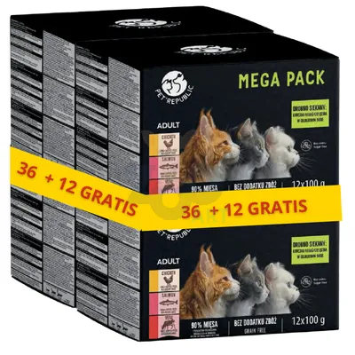 PetRepublic karma mokra dla kota kawałki w delikatnym sosie MIX 3 smaków 48x100g