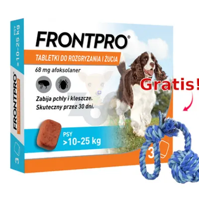 Frontpro tabletki na pchły i kleszcze L 68mg 10-25kg x 3tabl + Sznur z piłką GRATIS!