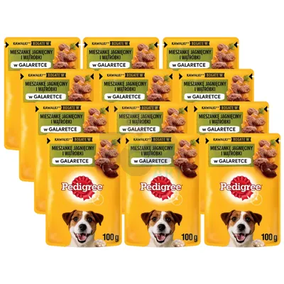 PEDIGREE Adult saszetka 12x100 g - mokra karma pełnoporcjowa, kawałki bogate w mieszankę jagnięciny i wątróbki w galaretce dla dorosłych psów