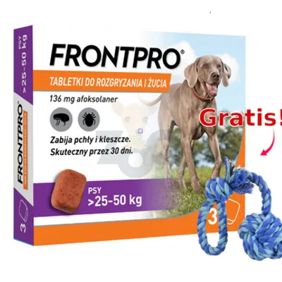 Frontpro tabletki na pchły i kleszcze XL 136mg 25-50kg x 3tabl + Sznur z piłką GRATIS!