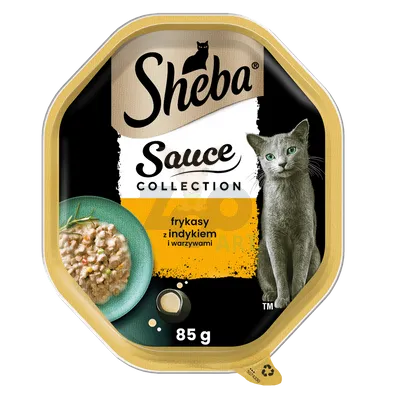 SHEBA Sauce Collection tacka 85 g – mokra karma pełnoporcjowa dla dorosłych kotów, frykasy z indykiem i warzywami, w sosie