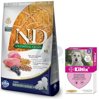 Farmina N&D Ancestral Grain canine LAMB & BLUEBERRY PUPPY MEDIUM & MAXI 12 kg + BAYER Kiltix Obroża dla psów dużych dł, 70cm