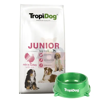 TROPIDOG Premium Junior L bogaty w indyka i ryż 12kg + Miska mała GRATIS!!