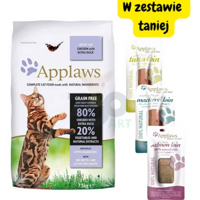 Applaws Adult Chicken with Extra Duck Sucha Karma dla kota 7,5kg + Polędwiczka 3x30g mix