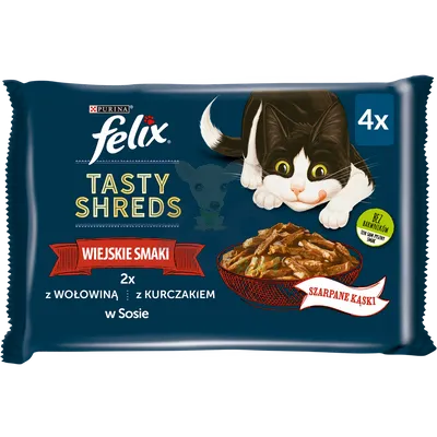 FELIX Tasty Shreds Karma dla dorosłych kotów wiejskie smaki w sosie 4x80g