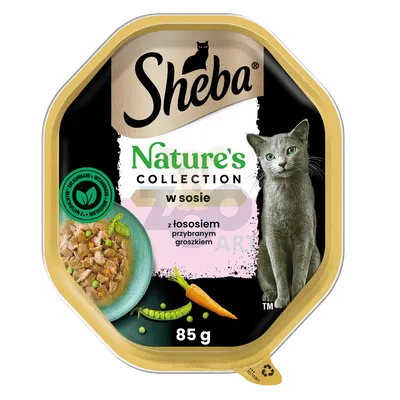 SHEBA Nature’s Collection tacka 22x85 g – mokra karma pełnoporcjowa dla dorosłych kotów, kawałki z łososiem przybranym groszkiem, w sosie