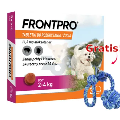 Frontpro tabletki na pchły i kleszcze S 11,3mg 2-4kg x 3tabl + Sznur z piłką GRATIS!