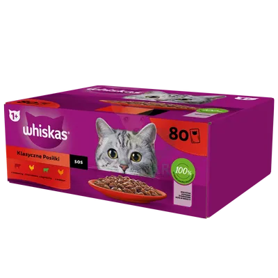 WHISKAS Adult saszetki 80 x 85 g Klasyczne Posiłki - mokra karma dla dorosłego kota, w sosie (kawałki z: wołowiną, kurczakiem, jagnięciną, drobiem)