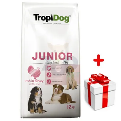 TROPIDOG Premium Junior L bogaty w indyka i ryż 12kg + niespodzianka dla psa GRATIS!