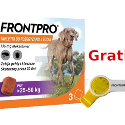 Frontpro tabletki na pchły i kleszcze XL 136mg 25-50kg x 3tabl + Frontline Zawieszka gwizdek + latarka GRATIS!