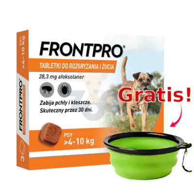 Frontpro tabletki na pchły i kleszcze M 28,3mg 4-10kg x 3tabl + Silikonowa miska GRATIS!