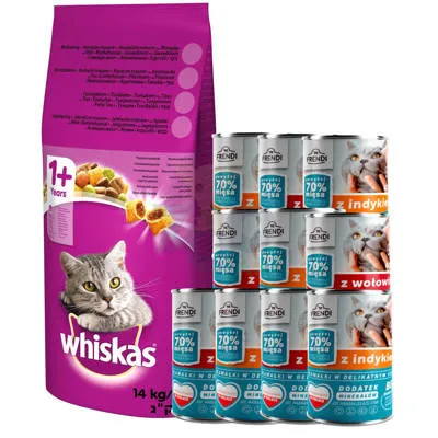 WHISKAS Adult 14 kg - sucha karma dla dorosłego kota, z pysznym tuńczykiem + Frendi 10x400g