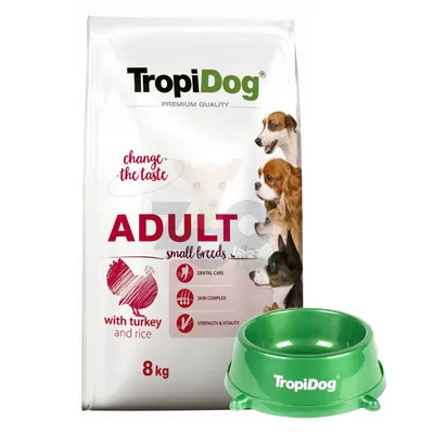 TROPIDOG Premium Adult Small Breeds z indykiem i ryżem 8kg + Miska mała GRATIS!!