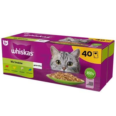 WHISKAS Adult saszetki 40 x 85 g Mix Smaków - mokra karma dla dorosłego kota, w galaretce (kawałki z: wołowiną, kurczakiem, łososiem, tuńczykiem)